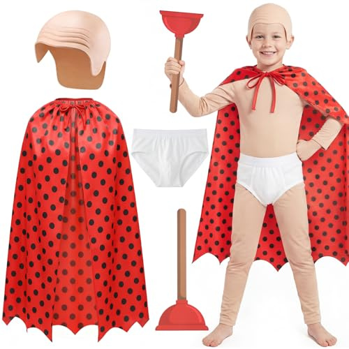 iZoeL World Book Day Underpants Superhero Costume for Kids – Comic Style Cape Outfit with Bald Headpiece & Plunger Prop – Funny Book Character Fancy Dress for Boys & Girls, School WBD Dress Up