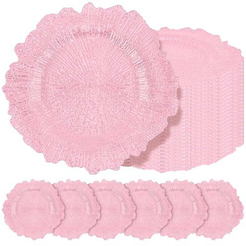 Teruntrue 24 Pcs Pink Charger Plates Bulk 13 Inch Plastic Charger Plates for Dinner Plate, Pink Chargers for Table Setting, Reef Design Plate Floral Decorative Round Chargers for Wedding Party Event
