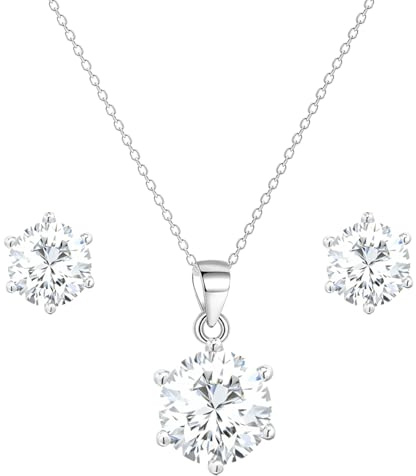 Löb 750er (18 Karat) Weißgold vergoldet Schmuckset Zirkonia Stein Anhänger in Diamant Form, Damen Kette Ohrringe Halskette Ohrstecker Set Strass Steinanhänger Schmuck