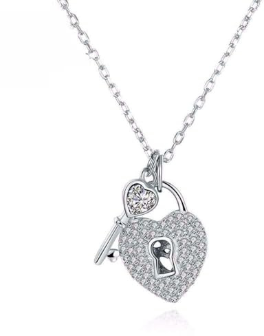 100% 925 Sterling Silber Damen-Halskette mit Schloss- und Schlüssel-Anhänger, edler Schmuck