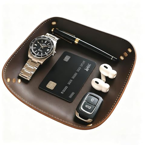 Genuine Leather Valet Tray - Brown Leather Catchall Organizer for Desk, Bedside & Travel Storage Tray for Keys, Phone, Wallet, Coins, Jewelry for Women & Men