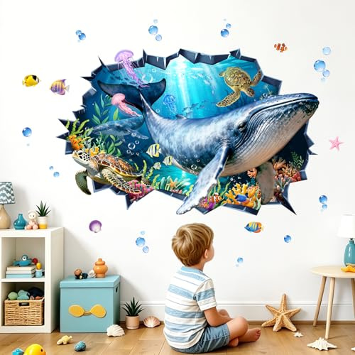 Tanlaby 3D Wandtattoo Wal Unter dem Meer Fische Schildkröten Seetang | Wale Wanddeko Unterwasserwelt für Kinderzimmer Badezimmer Schlafzimmer Babyzimmer