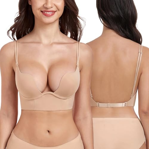 DotVol Women's Deep Plunge Low Cut Push-Up Backless Underwire Bra | Seamless, Deep Plunge, Low Back, Convertible Straps, Thick Padding, Push up, U-neckline