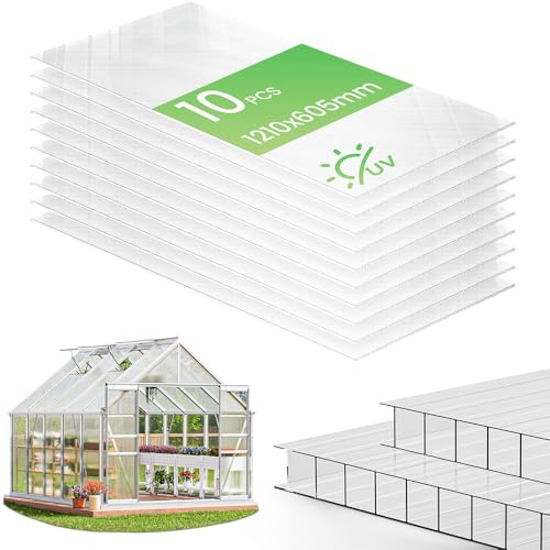 VOUNOT® 10 Placas de Policarbonato 6mm, 60,5x121cm, 7,3 m², Resistentes a Rayos UV y Golpes, Planchas Alveolares Transparente para Invernadero, Tejados, Jardín y Garajes