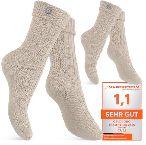 Celodoro Damen und Herren Trachten Socken (2 Paar) mit Edelweiß-Pin Oktoberfest Strümpfe - Beige 43-46
