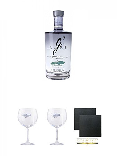 G' Vine Nouaison Gin Frankreich 0,7 Liter + Citadelle Ballon GIN Glas 1 Stück + Citadelle Ballon GIN Glas 1 Stück + Schiefer Glasuntersetzer eckig ca. 9,5 cm Ø 2 Stück