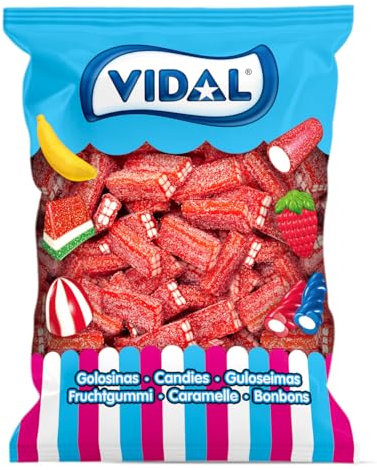 Vidal Golosinas. Ladrillos de regaliz rellenos Pica Fresa. Regaliz con forma de ladrillo sabor fresa y relleno de nata. Bolsa de 250 unidades