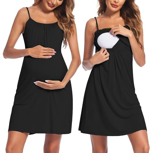 Ekouaer Maternity Nightgown Chenise Pregnancy Clothes Solid Sleeveless Nightdress For Women Black L