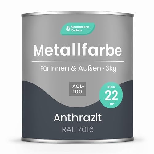 Grundmann Metallfarbe ACL 100 - Anthrazit 3 Kg - Seidenmatt - 4in1 Metallschutzlack inkl. Rostschutz und Grundierung - RAL 7016 Anthrazitgrau