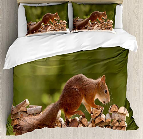 ABAKUHAUS Écureuil Ensemble de Housse de Couette, Casse-Noisette sur la Conception Woods, Décoratif 3 Pièces avec 2 Taie d'oreiller, 230 x 220 cm - 70 x 50 cm, Brun pâle Vert Olive
