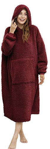 ililmmoe Sherpa tragbare Decke, Übergröße, Kapuzenpullover, Sweatshirt, TV-Decke mit Langen Ärmeln und Tasche, Weinrot One Size