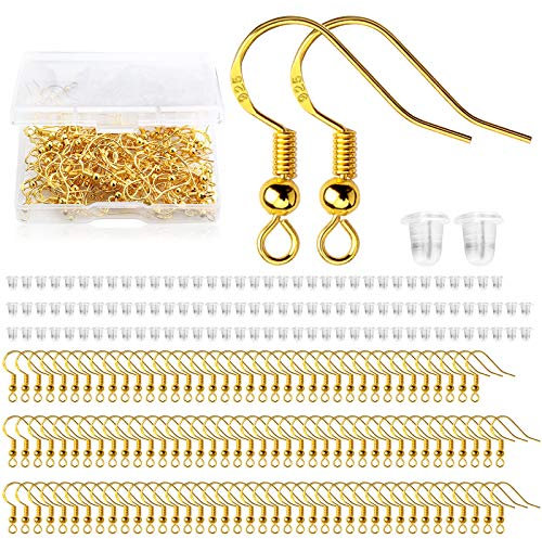 120Pcs Earring Hooks 925 Sliver Plated Gold Earring Hooks Ear Wire Hypoallergenic with 120Pcs Earring Backs Earring Making Supplies for DIY Earring Jewellery Making(Gold)