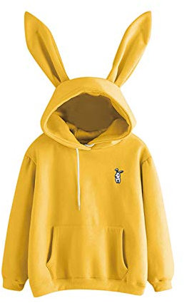 Minetom Damen Mädchen Süß Hase Ohr Langarm Tasche Kapuzenpullover Sweatshirt Pullover Tops Stickerei Herbst Winter Einfarbig Oberteil A Gelb 42