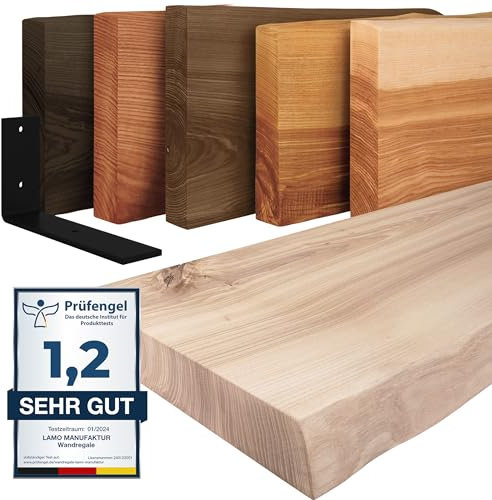 LAMO Manufaktur Wandregal Holz Baumkante | Regal Farbe: Roh | mit schwarzem Basic Regalträger | 50 cm