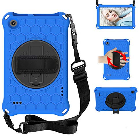 BAUBEY Case for Amazon Fire 7 Tablet (9th Generation 2019 & 7th Generation 2017 & 5th Generation 2015) Drop & Shockproof Hybrid Case with 360 Rotating Stand Hand Strap Shoulder Strap (Blue+Black)