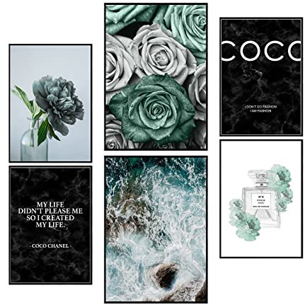 Postertech® Premium Poster (6er Set) | Poster Set Coco türkis | 2X DIN A3 & 4X DIN A4 | stilvolle Wanddeko | Rosen türkis weiss schwarz modern | Ohne Rahmen