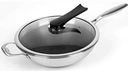 BSTL Stainless Steel Healthy Uncoated Wok, Honeycomb Non-oily Kitchen Non-stick Pan, Frying Pan With Oven Safety Lid-anti-scratch,34CM-B