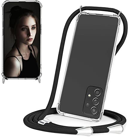 CaseLover Handykette Handyhülle für Samsung A52/A52S 5G, Ultra Dünn Transparent Weiches Silikon Schutzhülle Case mit Kordel zum Umhängen Necklace Hülle mit Band für Samsung Galaxy A52 4G/5G, Schwarz