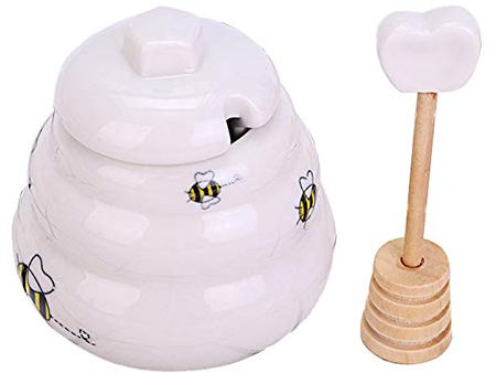 Luoji Honey Pot, Traditional Porcelain Honey Pot Ceramic Honey Jar With Dipper Giftable Beehive Honey Pot For Home Kitchen, Porcelain Honey Container For Storage