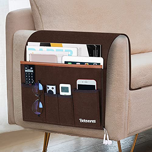 Sofa Armlehnen Organizer, Sofa Organizer Betttasche zum Einhängen, Filz Hanging Organizer Tasche mit 5 Poche für Couch, Stuhl, Bett, Bettgeländer, Schreibtische, Theken, Schrank TV- Kaffee Braun