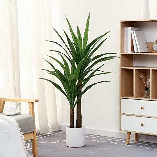 FLOWORLD Dracaena Indoor Plant 4ft Tall Faux Plants Indoor Large Fake Plants Potted Yucca Tree Tropical Floor Plant Artificial Silk Palm Trees for Home Office Decor Housewarming Gift
