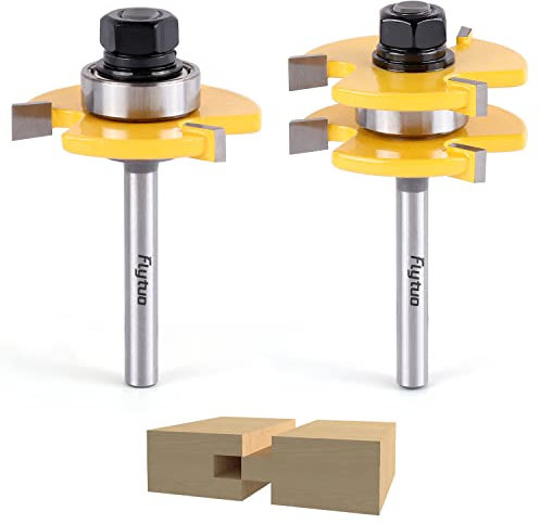 Flytuo 2PCS Tongue and Groove Set 1/4 Inch Shank Router Bit Set, 3 Teeth Adjustable T Shape Wood Milling Cutter