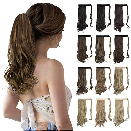 Sofeiyan Pferdeschwanz Haarteil Lockig Haarverlängerung Extension Pferdeschwanzverlängerung Synthetisches Natürliches Gewelltes Haarteil Wrap Around Pony Tail 38cm-Dunkelbraun/Goldbraun