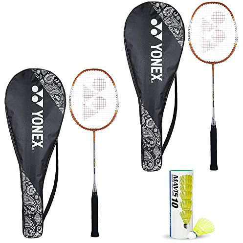 YONEX Best Anfänger Badminton ZR 100 Light Aluminium-Mischung Schläger mit vollständiger Abdeckung, 2 Stück + Mavis 10 Federball (orange) – 6 Stück