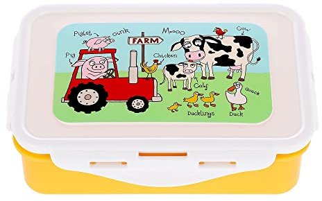 Tyrrell Katz Kids Farm Printed Lunch Box in Yellow - Children's Food Container with Clip Lock Lid and Removable Inner Divider - 17 x 11 x 5 cm