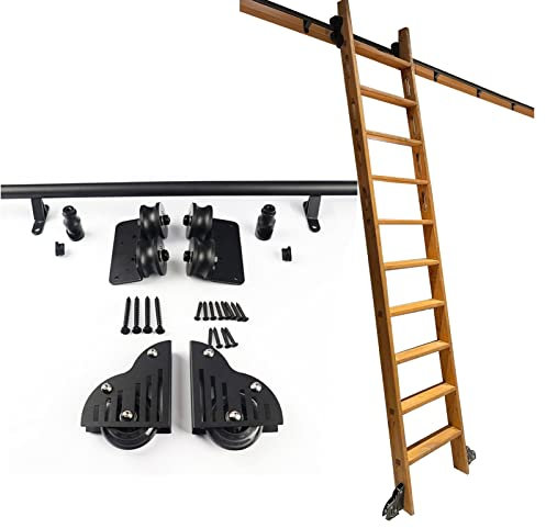 BRJOY Rolling Library Ladder Heavy Duty Slide Rails Sliding Ladder Rail Track Hardware Kit Library Ladder Mobile Ladder Track Kit Roller System, Round Tube Carbon Steel (No Ladder)