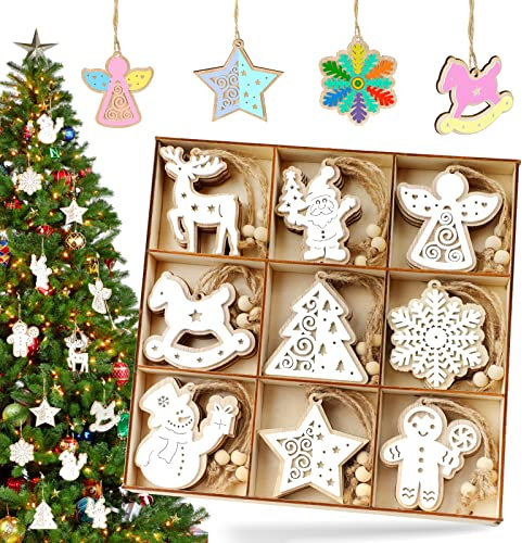 Addobbi Albero di Natale Legno, 27 Pezzi Decorazioni Natalizie da Appendere a Doppio Strato Colore-bianco, DIY Pendenti Ornamenti Fiocco di Neve