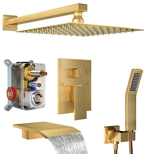 Fatspas Gold Shower System with Rain Handheld, Wall Mounted Mixer & High Pressure Shower Head & 3 Way Valve Kit