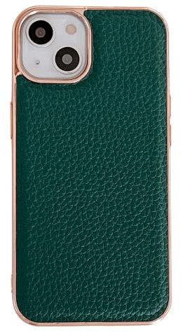 COQUE Case for Apple iPhone 13 Cover,Electroplated Gold Frame Genuine Leather Phone Back Shell for Apple iPhone 13-Green