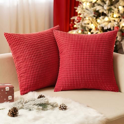 EMEMA Kordsamt Kissenbezug Granulat Dekorative Sofakissen Dekokissen Kissenbezüge Couchkissen Kissenhülle Weich Kissen Bezug Zierkissen für Couch Sofa Wohnzimmer 2er Set 60x60 cm Rot