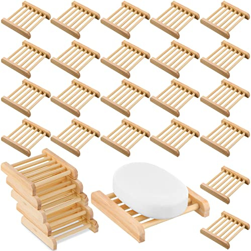 Amyhill 50 Pcs Bamboo Soap Dish Bulk Soap Holder Draining,Wooden Color | Bamboo Soap Trays for Bathroom Sink, Self Draining Grooves Keep Bars Dry, 3.3x3.3x0.67 Inch, Ideal for Mother's Day