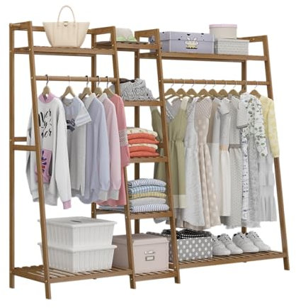uyoyous Kleiderständer Bambus Holz garderobenständer mit ablage (160 x 40 x 140 cm) Multifunktionale Schlafzimmer garderobe Kleiderständer mit 9 Ablagen 2 Kleiderstangestab
