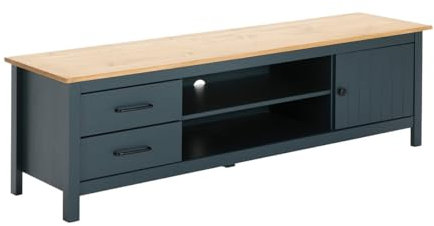 AltoBuy Tina - Meuble TV 1 Porte 2 Tiroirs Bois Ciré et Bleu Pétrole
