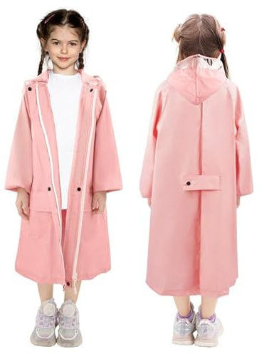 LAMA Manteau de pluie pour enfants, poncho de pluie, veste de pluie légère pour enfants, vêtements de pluie réutilisables avec capuche et housse de sac à dos, imperméable pour vélo, voyage, Rose L