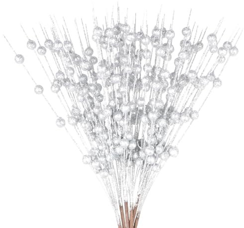6 Stück Glitzernde Zweige Weihnachten Glitter Berry Stem Ornamente Künstliche Glitter Berry Stem Ornamente für Weihnachtsbaum Kranz Basteln Urlaub Heimdekoration （Silber）