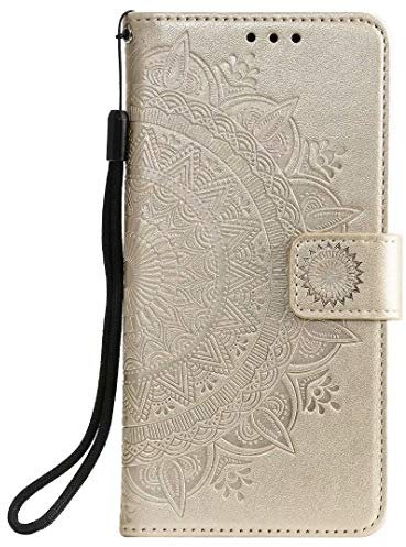 Reevermap iPhone 12 Flip Case, Gold, TPU and PU Leather, Mandala Floral Pattern, Card Holder, Kickstand