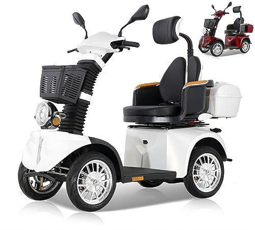 ZVGREEN-DJ(x) -1000-25-Elektromobil-Mobilitätsroller mit 4 Rädern-Seniorenmobil-max. Belastung 225 kg-360° Verstellbarer Sitz-3 Geschwindigkeiten-Straßenzulassung-Weiss mit Kopfstütze