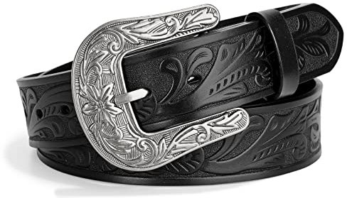 SUOSDEY Westerngürtel für Damen Herren, Cowboy Cowgirl Ledergürtel für Jeans, Vintage Gravurgürtel mit Schnalle schwarz
