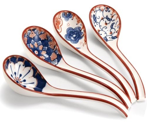 BOEEA Juego de 4 cucharas de sopa asiáticas de cerámica, cucharas japonesas de ramen, cucharas de sopa china de mango largo para albóndigas, fideos de arroz Wonton
