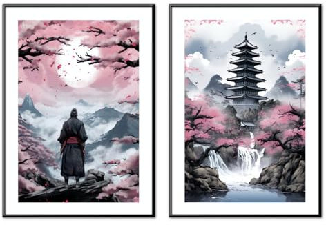 MJ-Graphics | Poster Set Japan Samurai Bushido Wohnzimmer & Schlafzimmer | 2x Din A3 300g Qualitätsdruck | Meditation Zen | Rosa-Blau Wanddeko ohne Rahmen