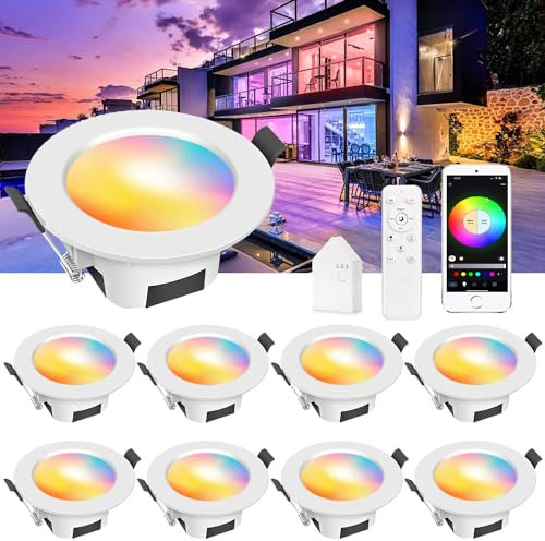 INDARUN 5W Wifi Spot Led Encastrable RGBWC Plafonnier Lampe avec télécommande, Bluetooth éclairage plafond encastré pour exposition, salon, cuisine, ktv, bars (10 Pieces)