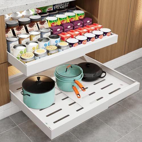 WIMEORS 2 Stück Ausziehbarer Schrank-Organizer, erweiterbar (32 cm - 51,8 cm),Teleskopschublademit Schienensystem, Vielfältiger Küchenschrank Auszug für Topf- und Pfannen-Organizer