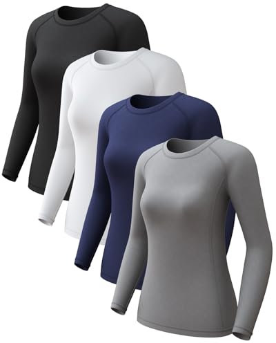4 Pack Women Long Sleeve Running Top Rash Vest Compression Shirt Sport Gym Workout Tops Base Layer for Ladies Quick-Dry Black White Grey Blue Medium