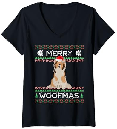 Damen Rough Collie Weihnachten T-Shirt mit V-Ausschnitt