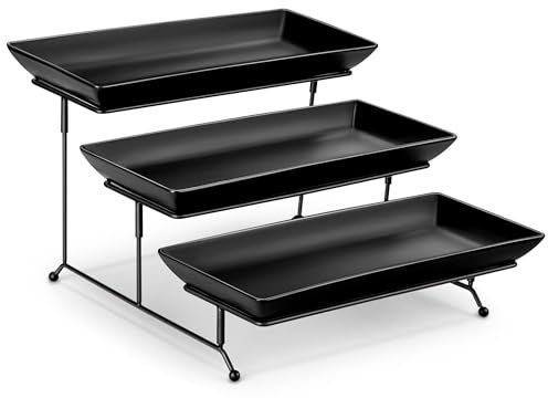MALACASA 3 Tier Serving Platter, 14 Inch Porcelain Cake Stand with Black Mental Display Stand for Party Supplies, Ceramics Rectangular Serving Dishes for Dessert, Fruit, Cookies, Sushi, Black