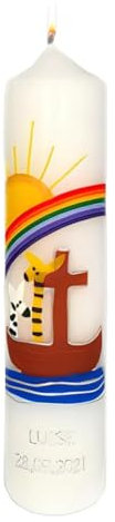 Wiedemann Kerzen Taufkerze 265 x Ø 60 mm in Weiß Arche Noah, Sonne, Regenbogen und Namensverzierung